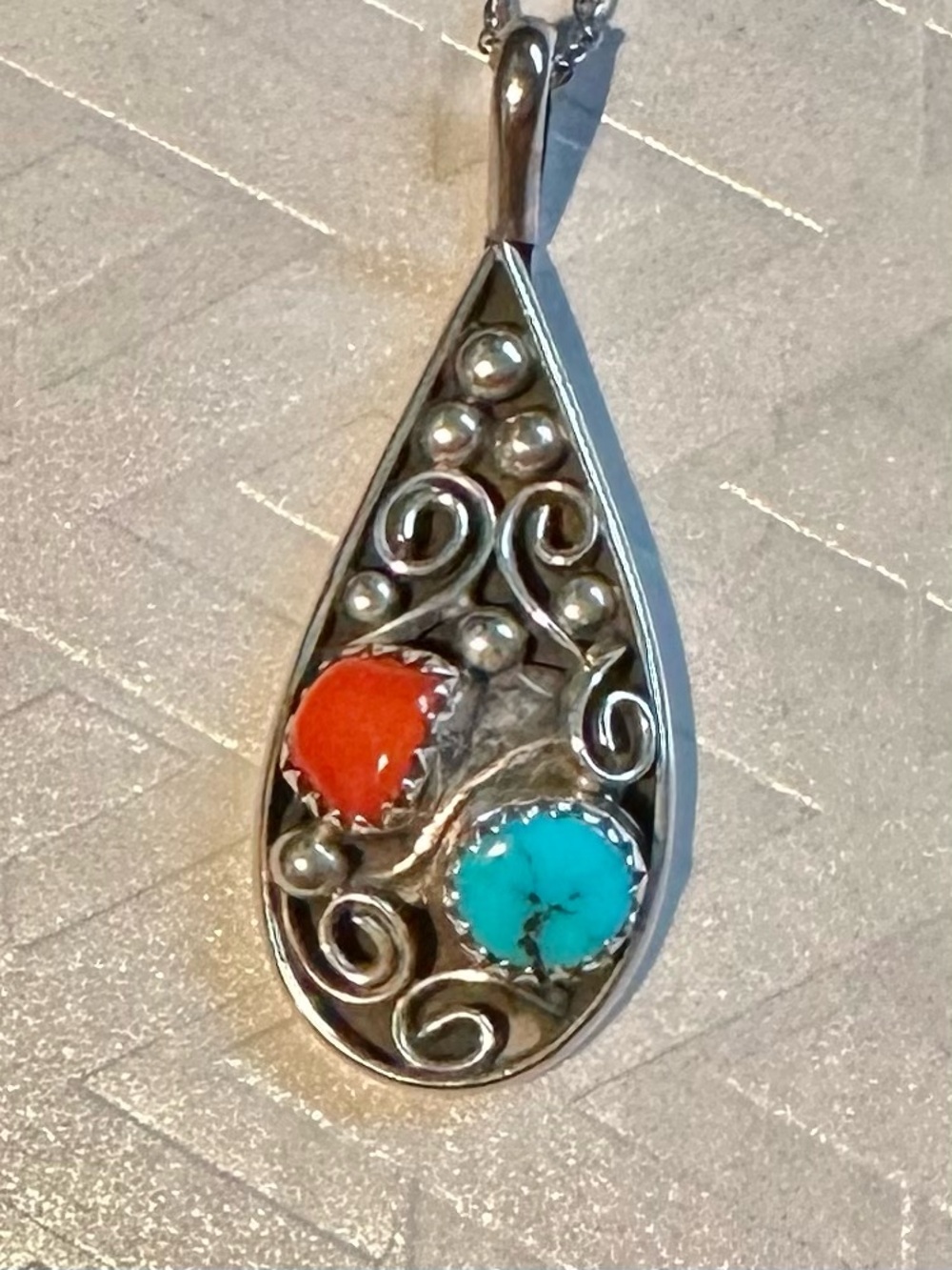 Native American Sterling Silver Turquoise & Coral Pendant- 1 1/2”& 27” SS chain